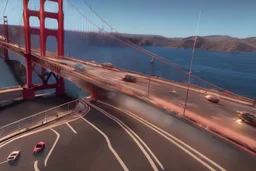 A Tesla 'Model S' is drifting at top speed, on the 'Golden Gate' bridge. (CINEMATIC, WIDE ANGLE LENS, PHOTO REAL)