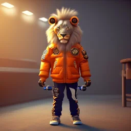 Lion toddler, smile, steampunk headphone, sunglass, gangsta neckless, full body, orange puffer jacket, tokio background, dramatic lighting, hyper realistic, unreal engine 5, 16k