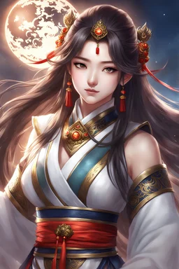Best quality, masterpiece, ultra high resolution, pretty 1 girl's portrait close-up, flowing hair, real skin, jewelry, solo, Chinese clothing, armor, flame: 1.2, moon,blurry, realistic, Chinese Zen