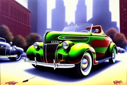 a true-to-life 1936 ford roadster, centered, intricate, extreme detailed, photorealism, center view, city background, pivot on ford, pen and color marker painting by cheryl kelley