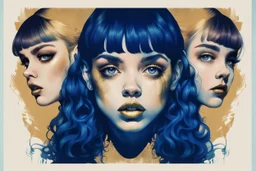 poster in two gradually, a one side the Singer Danish MØ face illustration by <Yoji Shinkawa> and other side the Singer Melanie Martinez face illustration by <John Kenn Mortensen>, symmetry, darkblue and gold tones,