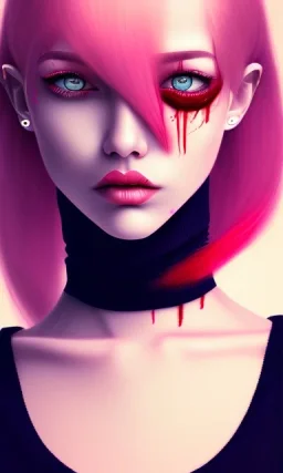 girl angry, beautiful, cute, bloody, pink hair, black sweater