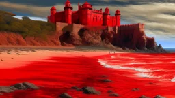 An orangish red beach near a vampire castle painted by Jeffrey Kolker