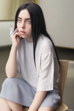 Billie Eilish, sitting on a chair, Black Short Dress, high detail, realistic, 8k