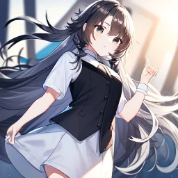 Clear focus, High resolution, Rough line, cute, cartoon style, black long hair, fluffy hair, long locks, spiky hair, wearing a white shirt with a black vest, wearing a white collar and a grey bow, wearing a white skirt, black eyes