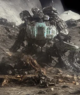 Crashed photorealistic futuristic destroyed mechanical mechwarrior transformer warhammer gundam alien abandoned wreckage in old battlefield blast crater on the lunar surface ancient pyramid temple