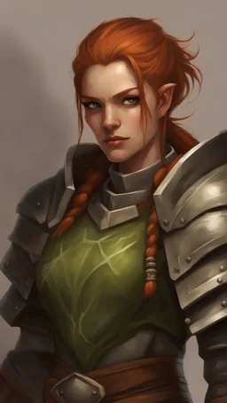 A female half orc cleric with ginger hair, green skin and heavy armor
