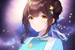 A beautifully detailed digital portrait of one women with a dreamy demeanour, featuring dark brown hair in a bun with stars as hair clips, sparkly golden eyes, The women is wearing a detailed yellow and light blue dress of delicate fabric and soft colours, adorned with patterns and accessories. close-up. light blue, white, starry night sky