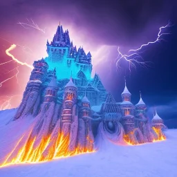 red dragon flying over exploding ice castle, ski tracks and blue storm clouds and burning lightening