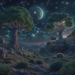 Creepy landscape, stars, planets, trees, rocks, peaceful, very detailed, 8k, 3d, intricate, ornate, odd