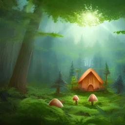 Sacred forest on an alien planet, giant trees, cute mushrooms, glowing flowers, bright sun through trees, little cabin, highly detailed, artstation, concept art, smooth, sharp focus, illustration, 8k