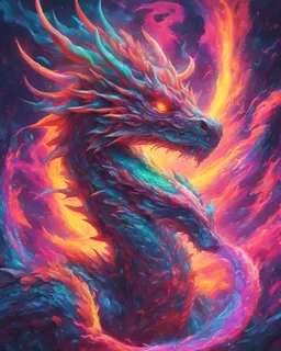 Close up shot, Dragon in a vibrant synthwave dreamscape, neon chaos swirling energetically around pixelated forms, a dynamic fusion of retro gaming nostalgia and futuristic abstraction