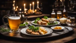 8080, delightful, sensitive, delicious food, banquet, pewter tankards and plates, beer, confident, delicate, night, darkness, architecture, filled with delicious food, award-winning photograph, beautiful composition, delicate colour, chiascuro