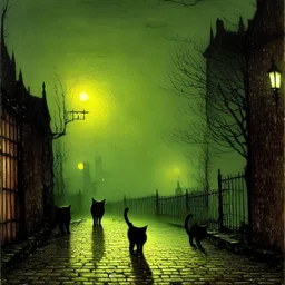 Cats are strolling a dark alley at night. Painting style John Atkinson Grimshaw.
