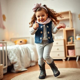 a 3 years old azeri girl in modern clothing and makeup dancing with cute and joy with pertty boots in a baby bedroom