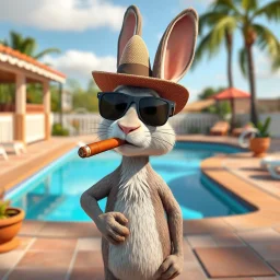 Create 3d pixar look picture of the following: a rabbit with sunglasses and cowboy hat is smoking a cigar standing by a swimming pool