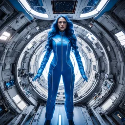 wide-angle photo of a very thin tall woman in an electric blue suit, with long glowing blue wavy hair, on a space station with views into space