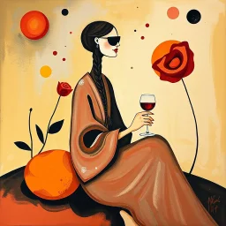 create an abstract surreal gouache painting inspired by Joan Miró, with symbolic shapes suggesting a woman in a robe with braided hair and sunglasses, sitting near a red rose, holding a glass of wine, abstract floating forms and playful cosmic shapes in a golden-red sunset palette --ar 16:9 --v 7 --style 4b --q 2