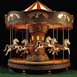 Antique circus carousel (merry go round) meticulously carved, with intricate details, showcasing a menagerie of life-size creatures moving in graceful rhythm, anatomically accurate mythological creatures like Griffins, unicorns with wings, along with large decorated rabnits, tigers, and black bears, hand painted with expressive, grotesque faces. fantastical creatures art style is flamboyant, magical, early 20th century, overexaggerated, realism, surrealistic atmosphere, grotesque, alive-like sc