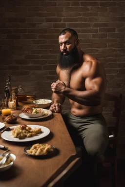 full figure shot photography of a burly ugly 30 year old italian boxer with big broken nose, very long muslim black beard, muscular beefy man shirtless, manly chest, big shoulders, shaved hair, bulge, sitting and eating on a table in a modern dinner room, photorealistic