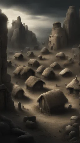 Busch nightmares paining style, thin line draw ,Title:view of a Stone Age village , 8k artistic photography, photorealistic concept art, soft natural volumetric cinematic perfect light, chiaroscuro, award-winning photograph, masterpiece, oil on canvas, Raphael, Caravaggio, Greg Rutkowski, people, beksinski, Giger