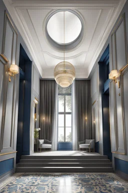 luxury hall ,tiled blue and gray large floor,