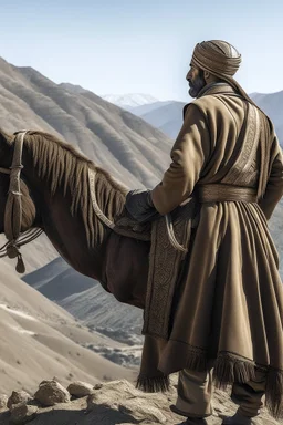 A general in Arab clothing standing with his back on a mountain with a horse beside him