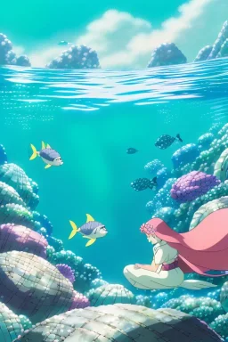 Underwater scene, a cute mermaid with pink hair and shimmering tail, rock, calm water, fish, beautiful colors, fine detail, high quality, seashell, octopus, mystical