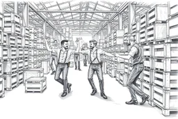 workers dancing in a industry factory with lot of wooden crates , a drawing with sketch lead pencil, no beards and light hair, the music video from AHA style (take on me)