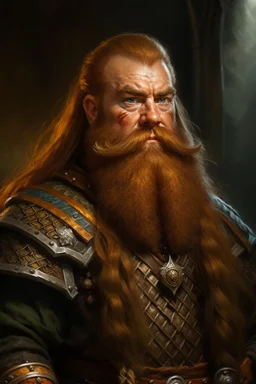 portrait of a stout and rugged dwarf with sturdy build, slightly tanned skin a thick ginger beard and long ginger hair, thick eyebrows, wearing chainmail armor and fur lined coat with a battle axe and warhammer on each shoulder. in oil painting