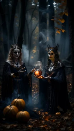 Halloween portrait of merciless medieval countess and her creepy sister, clawed hands, full moon, swirly mist,autumn wind, performing arcane invocation ritual of smoke demon with immense power on luminous stone altar in dark forest grove, shot on Hasselblad h6d-400c, zeiss prime lens, bokeh like f/0.8, tilt-shift lens 8k, high detail, smooth render, down-light, unreal engine, prize winning