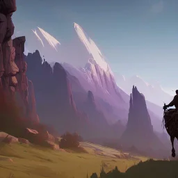  mountains with medieval knight traveling on a horse in the background