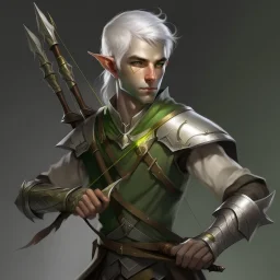 Please create an image for a young elven male with light brown skin, silver hair, and green eyes. He is carrying a crossbow and is accompanied by a metallic robot