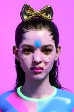 Ultra Realistic image, Rosalía artist, portrait, normal complexion, portrait, clean skin, two bows, little chopsticks hair , black eye long line, sweet face, t-shirt with holes, inflatable open coat, gold pink and blue style, spray line glow, big geometric led jewelry, fog, hot, inflatable style latex coat, vibrant color, highly detailed, art stations, concept art, smooth, unreal engine 5, god rays, ray tracing, RTX, lumen lighting, ultra detail, volumetric lighting, 3d, finely drawn, hd.