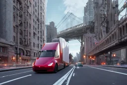 A Tesla 'Semi' (semi truck) is going at a high speed, near the 'Pier 11' in Manhattan. (CINEMATIC, WIDE ANGLE LENS, PHOTO REAL)