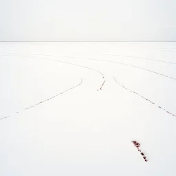 A striking hyper-minimalist photograph of a vast, snow-covered field on an overcast day. The barren landscape is dominated by a monochromatic color palette, with only a crimson tinged snow angel imprint with footprints visible in the snow. The long view stretching out before the viewer creates an overwhelming sense of isolation and desolation, inviting contemplation on the beauty of nature's starkness