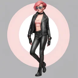 full body portrait -- an absolutely stacked female strawberry with pixie-cut hair, a perfect hourglass figure, perfect face, wearing a studded, black leather biker's jacket and pants with 12-inch platform boots and goggles,