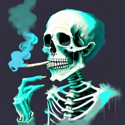 a skeleton smoking a cigar, background without color, front view, drawing, painting, semi-realistic, pastel colors, painting