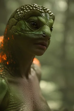 photoreal fourty-year-old goddess with lizard skin as powerful wizard with fire lizard eyes and lizard skin in heavy green and orange mist in a dead forest clearing at dawn by lee jeffries, octane render, 8k, high detail