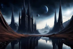 photo from alien dark matter buildings, with weird elongated gothic style, alien constructions, standing long weird creatures alirn landscape, silver, black, brown and dark blue surreal vision, stunning visuals, ultrarealistic dark dreamy world, surreal lighting, reflections, hyper-realistic, detailed, photorealistic, sci-fi mood