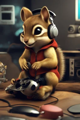 Cute 3d animated chipmunk, she is a PC gamer with mouth piece headphones