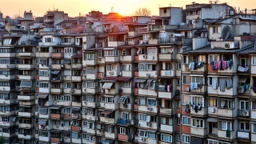 A densely packed, crumbling residential complex with buildings in a patchwork of colors, numerous windows and tiny balconies, laundry flapping on some balconies, illuminated by the warm glow of a spring sunset.