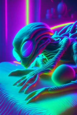 Sleep alien,photo quality, unreal engine render, highest quality, vivid neon colors, volumetric lighting,