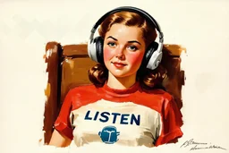 Painting by Norman rockwell, a Young woman listening to music, it's written LISTEN on her t-shirt,