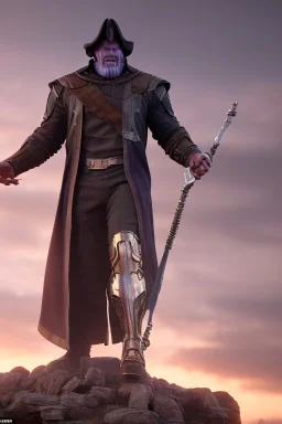 Thanos is the god of power and evil The commander wears a black cloak and a long coat with long combat boots and a long spear with a hat under his cloak with blue flame eyes, a sword like a spear The sun in the palm of a brave man in the middle of the desert