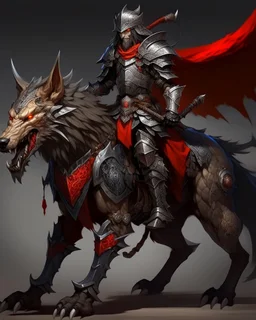 A combination of a dragon and a wolf and a commander riding on it Warrior warrior with leather and metal clothes and robotic metal