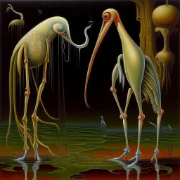 Creepy sepsis metaphoric image with very long legs, failing the biomorphic Ibis inquisition, surreal, sinister, profound, dramatic, oil painting, fantastical, by Ray Johnson and Duy Hunyh and Desmond Morris