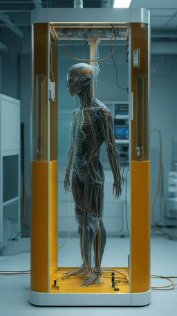 Sleeper in tube cabinet made of glass filled to the top with honey coloured liquid , in a laboratory inside it a half alien and a half human creature body standing vertically inside , connected with wires and electrical wires , the human standing in side, a high tech equipment in the background ,4K, cinematic, high resolution