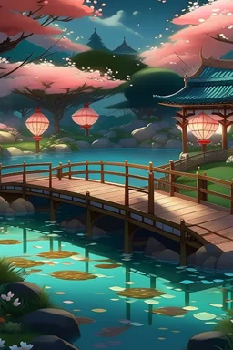 Generate a Japanese-inspired AI art piece. Envision a serene garden with a traditional wooden bridge crossing over a koi pond. Incorporate cherry blossom trees in full bloom, delicate lanterns, and a sense of tranquility. Capture the beauty of Japanese aesthetics and nature in your artwork.