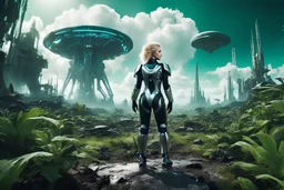 Wide angle photo of a sci-fi woman with blond hair, silver and black futuristic spacesuit looking android-like, standing on an derelict alien jungle planet with cloud trees in multiple green hues